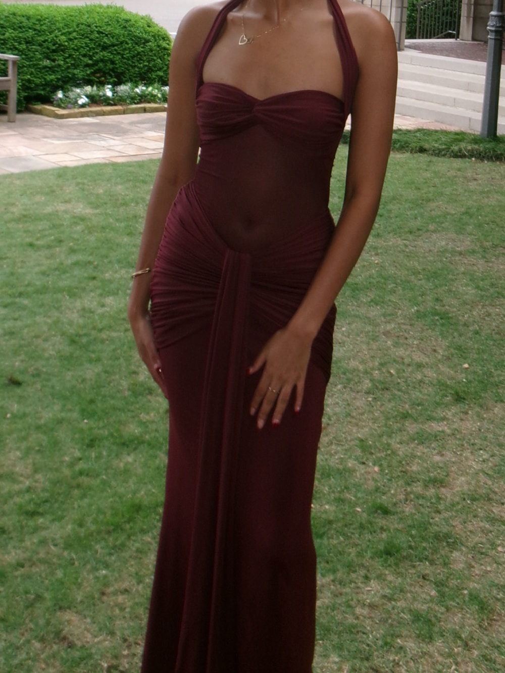 Halter Maxi Evening Dress in Burgundy